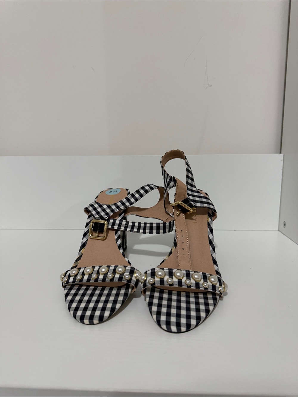 Madden Girl Black & White Gingham Pearl-Accent Sandals
